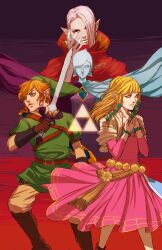  2boys 2girls bad_id bad_pixiv_id black_eyes blonde_hair blue_eyes cape dress earrings fi_(zelda) ghirahim hair_tubes hat jewelry k-rei link long_hair master_sword multiple_boys multiple_girls no_legwear photoshop_(medium) pointy_ears princess_zelda sword the_legend_of_zelda the_legend_of_zelda:_skyward_sword triforce weapon white_hair 