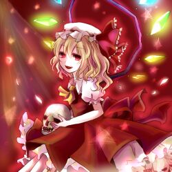  ascot blonde_hair blue_eyes commentary_request crescent crystal female flandre_scarlet hat hat_ribbon mushi_baibai open_mouth puffy_sleeves red_eyes ribbon short_hair short_sleeves side_ponytail skull solo star_(symbol) touhou wings 