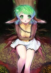  animal_ears blush bondage bondage bound breasts commentary_request female green_eyes green_hair kasodani_kyouko large_breasts looking_at_viewer open_mouth rope sakimori_dan scared short_hair skirt solo tears touhou tree 