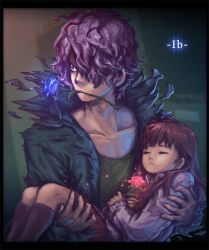  1boy blue_flower blue_rose brown_hair carrying closed_eyes coat commentary_request copyright_name female flower flower_in_mouth gao_(2334787) garry_(ib) hair_over_one_eye ib_(ib) ib_(kouri) long_hair mouth_hold photoshop_(medium) purple_hair red_flower red_rose rose short_hair 