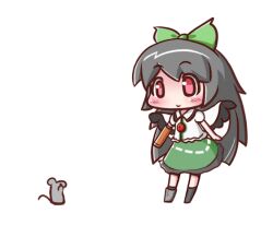  arm_cannon black_hair bow chibi commentary_request female green_bow green_skirt hair_ribbon hairbow maitora mouse_(animal) red_eyes reiuji_utsuho ribbon shoes single_shoe skirt solo touhou weapon wings 