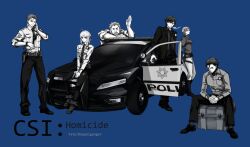  2girls 4boys artoria_pendragon_(fate) badge bazett_fraga_mcremitz beard blue_background car commentary_request crimo csi cu_chulainn_(fate) cu_chulainn_(fate/stay_night) diarmuid_ua_duibhne_(lancer)_(fate) emiya_kiritsugu facial_hair fate/hollow_ataraxia fate/stay_night fate/zero fate_(series) ford iskandar_(fate) monochrome motor_vehicle multiple_boys multiple_girls necktie one_eye_closed parody photoshop_(medium) police police_car police_uniform saber_(fate) salute simple_background uniform 