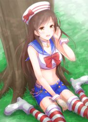  bad_id bad_pixiv_id boots brown_eyes brown_hair choker crop_top dixie_cup_hat female grass hat idolmaster idolmaster_cinderella_girls iincho_(airi8751) long_hair midriff military_hat navel nitta_minami sailor_collar shorts sitting solo striped_clothes striped_thighhighs thighhighs tree wariza 