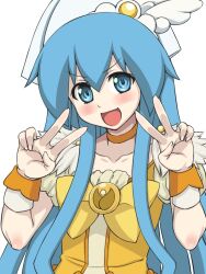  blue_eyes blue_hair blush bow choker commentary_request cosplay cure_peace cure_peace_(cosplay) double_v female hat ikamusume inu1tou kanemoto_hisako long_hair magical_girl precure shinryaku!_ikamusume simple_background smile_precure solo v voice_actor_connection white_background yellow_bow 