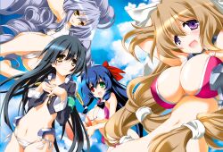  4girls aoi_kimi asama_tomo beach bikini black_hair brown_hair drill_hair green_eyes heterochromia honda_masazumi kyoukai_senjou_no_horizon kyoukaisenjou_no_horizon long_hair multiple_girls nate_mitotsudaira neito_mitotsudaira one-piece_swimsuit purple_eyes red_eyes silver_hair swimsuit very_long_hair yellow_eyes 