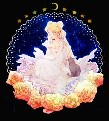  bad_id bad_pixiv_id bishoujo_senshi_sailor_moon blonde_hair crescent crescent_facial_mark dress facial_mark feline female flower long_hair luna_(sailor_moon) princess_serenity rose smile tsukino_usagi tsuzuki_(flee_away) twintails very_long_hair white_dress 