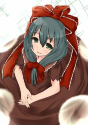  bad_id bad_pixiv_id bow female frills front_ponytail green_eyes green_hair hair_ornament hair_ribbon hairbow kagiyama_hina long_hair looking_at_viewer looking_up metalwasabi open_mouth own_hands_together photoshop_(medium) ribbon short_sleeves solo touhou v_arms 