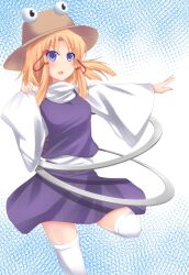  blonde_hair blue_eyes blush commentary_request female hat highres jewelry kokubun_(akikawaship) long_sleeves moriya_suwako open_mouth pyonta ring short_hair solo touhou wide_sleeves 