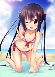  ;d arm_support bad_id bad_pixiv_id barefoot beach bent_over bikini black_hair blush collarbone day female hair_bobbles hair_ornament highres k-on! kneeling kurou_(quadruple_zero) long_hair looking_at_viewer nakano_azusa navel ocean one_eye_closed open_mouth outdoors painttool_sai_(medium) red_eyes revision side-tie_bikini_bottom smile solo striped_bikini striped_clothes sunlight swimsuit twintails v water 