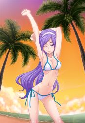  aono_miki arm_up armpits beach bikini blue_eyes blue_hair cloud commentary_request cowboy_shot female fresh_precure! lens_flare long_hair navel one_eye_closed outdoors palm_tree precure purple_hair say_(sakabin) shiny_skin side-tie_bikini_bottom sky smile solo stretching sunset swimsuit tree very_long_hair 