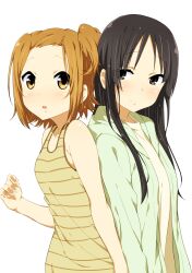  2girls akiyama_mio alternate_hairstyle bad_id bad_pixiv_id black_eyes black_hair blush brown_hair girock hime_cut k-on! long_hair multiple_girls one_side_up short_hair simple_background smile tainaka_ritsu 