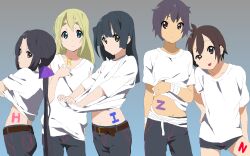  2girls 3boys aoi_toori azuma_(horizon) black_hair blonde_hair blue_eyes brown_eyes brown_hair hair_ribbon heidi_ogezevara highres honda_masazumi kyoukai_senjou_no_horizon kyoukaisenjou_no_horizon multiple_boys multiple_girls noriki ribbon yellow_eyes 