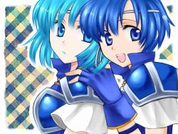  2girls 74 :d armor blue_eyes blue_hair circlet fingerless_gloves fire_emblem fire_emblem:_the_binding_blade gloves hand_on_another&#039;s_shoulder multiple_girls open_mouth shanna_(fire_emblem) short_hair siblings sisters smile thea_(fire_emblem) 