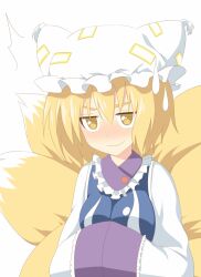  ^^^ bad_id bad_pixiv_id blonde_hair blush female fox_tail hands_in_opposite_sleeves hat long_sleeves multiple_tails oniku_(shimofuri-ke) short_hair simple_background smile solo sweatdrop tabard tail touhou white_background wide_sleeves yakumo_ran yellow_eyes 