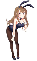  animal_ears black_bow black_bowtie black_footwear black_leotard black_pantyhose bow bowtie breasts brown_hair cleavage commentary_request detached_collar fake_animal_ears female full_body furutori high_heels highres leaning_forward leotard long_hair looking_at_viewer medium_breasts original pantyhose playboy_bunny rabbit_ears rabbit_tail red_eyes simple_background smile solo strapless strapless_leotard tail white_background wrist_cuffs 