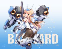  ass baselard blonde_hair blue_eyes blush commentary_request doyouwantto dual_wielding elbow_gloves female frame_arms_girl from_behind gloves gold_trim gradient_background gun headgear high_heels holding holding_gun holding_weapon leotard long_hair looking_at_viewer looking_back mecha_musume pantyhose rabbit_tail science_fiction shiny_clothes shiny_skin solo tail thigh_gap weapon white_gloves white_leotard yellow_eyes 