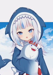  :d :o animal_hood bloop_(gawr_gura) blue_eyes blue_hair blue_hoodie commentary day eyebrows_hidden_by_hair female fins fish_tail gawr_gura gawr_gura_(1st_costume) grey_hair highres hololive hololive_english hood hood_up hoodie long_sleeves looking_at_viewer multicolored_hair open_mouth parted_lips satori_(ymoy) shark_girl shark_hood shark_tail sharp_teeth sleeves_past_fingers sleeves_past_wrists smile streaked_hair tail teeth upper_body virtual_youtuber 