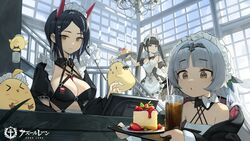  &gt;_&lt; 3girls absurdres apron azur_lane bare_shoulders bird black_dress black_hair black_jacket bow bowtie breasts brown_eyes chandelier cheesecake chick cleavage commentary detached_collar detached_sleeves dress ear_piercing food frills fruit grey_hair hairband highres holding horns jacket large_breasts long_hair looking_at_viewer looking_down maid maid_apron maid_cafe maid_headdress manjuu_(azur_lane) medium_breasts mini_flag multiple_girls noshiro_(azur_lane) noshiro_(hold_the_ice)_(azur_lane) off_shoulder official_alternate_costume official_art oni_horns parted_bangs piercing railing revealing_clothes romana short_hair short_sleeves strapless strapless_dress strawberry tray twintails ulrich_von_hutten_(azur_lane) ulrich_von_hutten_(mayhem_maid)_(azur_lane) very_long_hair watermark wing_collar z46_(azur_lane) z46_(chronicles_of_the_dust_wars)_(azur_lane) 