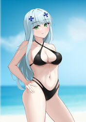  absurdres alternate_costume bad_id bad_pixiv_id bare_shoulders bikini black_bikini blue_hair blurry blurry_background breasts chinese_commentary cleavage closed_mouth collarbone feet_out_of_frame female girls&#039;_frontline green_eyes hair_ornament hairclip hand_on_own_hip highres hk416_(girls&#039;_frontline) light_blue_hair light_blush long_hair looking_at_viewer medium_breasts navel one_smoke smile solo standing stomach swimsuit teardrop_facial_mark teardrop_tattoo thighs 