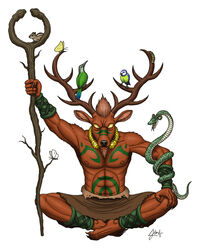  anthro antlers arthropod avian bird butterfly celtic_mythology cernunnos chipmunk coiling deer deity doctorchevlong european_mythology facial_hair feral forked_tongue goatee ground_squirrel hi_res horn insects lepidopteran male mammal markings mythology nipples reptile rodent scalie sciurid snake solo tongue torc 