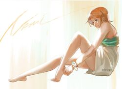  artist_name bare_legs bare_shoulders barefoot bracelet character_name closed_mouth commentary dress female from_side full_body hair_behind_ear jewelry knee_up kyoterii legs light_smile log_pose looking_to_the_side nami_(one_piece) no_tattoo one_piece orange_eyes orange_hair short_hair sitting solo symbol-only_commentary toes white_dress 