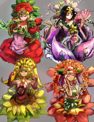  4girls ^_^ alraune black_hair blonde_hair breasts chirubime_princess_of_autumn_leaves clenched_hands closed_eyes closed_mouth commentary detached_sleeves duel_monster elbow_gloves facing_viewer flower gloves grey_background hair_ornament half-closed_eyes hand_fan hand_on_own_cheek hand_on_own_face hand_on_own_hip hatano_kiyoshi highres holding holding_fan japanese_clothes long_hair looking_at_viewer marina_princess_of_sunflowers monster_girl multiple_girls orange_eyes pink_eyes plant_girl red_eyes simple_background smile talaya_princess_of_cherry_blossoms tytannial_princess_of_camellias wide_sleeves yu-gi-oh! 