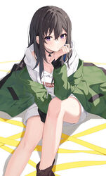  bare_legs black_choker black_hair boots braid breasts choker cleavage expressionless feet_out_of_frame female green_jacket head_rest highres hood hood_down hoodie ichinose_uruha ichinose_uruha_(2nd_costume) jacket knee_up legs long_hair long_hoodie long_sleeves looking_at_viewer lupinus_virtual_games off_shoulder purple_eyes sitting solo virtual_youtuber vspo! white_background white_hoodie yon_(letter) 