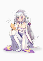  absurdres animal bare_shoulders blunt_bangs blush boots braid breasts cleavage commentary crown_braid dress emilia_(re:zero) feline female flower grey_hair hair_flower hair_ornament hair_ribbon highres holding holding_animal holding_cat ku-ini light_purple_hair long_hair low-tied_long_hair medium_breasts photoshop_(medium) pointy_ears puck_(re:zero) purple_eyes purple_ribbon re:zero_kara_hajimeru_isekai_seikatsu ribbon rose simple_background smile white_background white_flower white_footwear white_legwear white_rose x_hair_ornament 