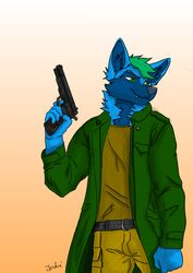  absurd_res anthro blue_body blue_fur canid fur green_eyes green_hair gun hair hi_res jondrethefurry male mammal ranged_weapon solo weapon 