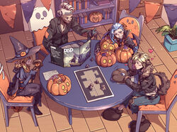  2boys 2girls animal_ears bat_wings belt blazer blonde_hair blue_eyes blue_hair blush board_game book bookshelf boots braid candy cape chair chest_of_drawers closed_eyes cosplay dark_skin dice dog_ears dog_tail dungeons_and_dragons ekko_(league_of_legends) ezreal facial_mark food frankenstein&#039;s_monster frankenstein&#039;s_monster_(cosplay) fur_collar fur_trim garland_(decoration) gloves goggles goggles_around_neck halloween hat heart holding holding_staff indoors jacket jinx_(league_of_legends) knee_pads league_of_legends leather leather_jacket long_hair long_skirt luxanna_crownguard mohawk multiple_boys multiple_girls pants paw_gloves paw_shoes paws plant playing_games pointy_ears pumpkin sanatorium_industries shirt shoes short_hair sitting skirt smile staff stitches sweatdrop table tail wavy_mouth wings witch witch_hat 