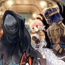  1boy 1other armor armored_dress au_ra blurry blurry_background dark_knight_(final_fantasy) distracted_boyfriend_(meme) dragon_horns dragon_tail fangs female fenrishion final_fantasy final_fantasy_xiv fray_myste glowing highres hood horns looking_at_another looking_back mask meme monster pink_hair reaper_(final_fantasy) reaper_avatar_(ff14) red_eyes shadow short_hair smile tail voidsent warrior_of_light_(ff14) 