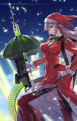  ammunition_belt bow braid breasts bullet fate/grand_order fate_(series) female florence_nightingale_(fate) florence_nightingale_(santa)_(fate) french_braid fur-trimmed_headwear fur-trimmed_sleeves fur_trim gloves gun hand_on_own_hip hat jacket large_breasts light_machine_gun long_hair long_skirt long_sleeves looking_at_viewer multicolored_bow night night_sky pants pantyhose pink_hair red_eyes red_hat red_jacket red_pants red_skirt santa_costume santa_hat scalpel skirt sky solo syringe syringe_gun thigh_strap umbrella_gun weapon white_gloves yahako 