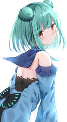  1revy aqua_hair back_bow bare_shoulders black_bow blue_bow blue_dress blush bow closed_mouth commentary detached_sleeves double_bun dress earrings female from_side hair_bun hairbow highres hololive jewelry leaning_forward long_sleeves looking_at_viewer looking_back red_eyes red_hair short_hair simple_background solo strapless strapless_dress upper_body uruha_rushia uruha_rushia_(1st_costume) virtual_youtuber white_background 