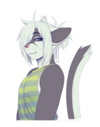  2021 anthro bangs black_body black_fur domestic_cat eyeliner fangs felid feline felis femboy fur green_eyes hair hair_over_eye hi_res looking_at_viewer makeup male mammal multicolored_body multicolored_fur nextel one_eye_obstructed ponytail proby simple_background solo teeth two_tone_body two_tone_fur white_background white_body white_fur white_hair 