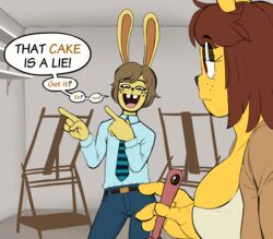  anthro big_bun_burgers claire_(ponehanon) clothed clothing dale_(ponehanon) duo female hi_res humor joke lagomorph leporid male mammal necktie ponehanon rabbit the_cake_is_a_lie 