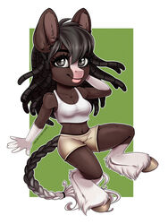  3:4 anthro black_hair bottomwear breasts brown_body chibi clothing crop_top dasha_(wuzy2121) draft_horse equid equine female grey_eyes hair hi_res horse mammal shire shirt shorts solo topwear volodyanocturne white_body 