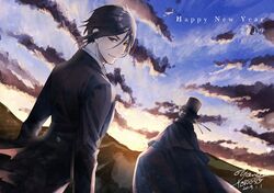  2019 2boys back black_cape black_hair black_headwear butler cape ciel_phantomhive closed_mouth cloud commentary_request hat highres kuroshitsuji long_sleeves looking_at_viewer looking_back male_focus morning mountain multiple_boys nature new_year outdoors red_eyes sebastian_michaelis short_hair signature smile standing sunrise toboso_yana top_hat 