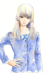  1other arm_at_side blazer blue_jacket blue_neckwear closed_mouth hand_on_own_hip highres jacket long_hair long_sleeves looking_at_viewer muroda_kei official_art okaeri_alice oshimi_shuuzou other_focus school_uniform sidelocks simple_background smile solo traditional_media upper_body white_background 