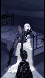  angra_mainyu_(fate) black_pantyhose caren_hortensia crotch_seam dress fate/hollow_ataraxia fate_(series) feet female grey_hair hat highres hiyohiyo_(naga) long_hair long_sleeves looking_at_viewer open_mouth panties panties_under_pantyhose pantyhose skirt underwear upskirt white_panties yellow_eyes 