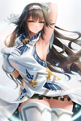  arm_up armpits bad_id bad_pixiv_id black_hair boots elbow_gloves female gloves green_eyes hair_between_eyes hair_ornament hairband hand_on_own_chest highres long_hair obaoba_(monkeyix) phiria_(world_flipper) photoshop_(medium) simple_background skirt solo thigh_boots thighhighs white_background white_gloves world_flipper 