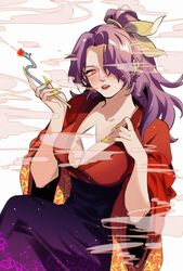  between_breasts breasts bright_pupils card cleavage commentary_request dress female fingernails hair_over_one_eye hair_ribbon highres holding holding_smoking_pipe japanese_clothes kagari6496 kimono kiseru komakusa_sannyo large_breasts long_hair long_sleeves looking_at_viewer ponytail purple_dress purple_eyes purple_hair red_eyes red_kimono ribbon sharp_fingernails smoke smoking smoking_pipe touhou very_long_fingernails white_background white_pupils wide_sleeves yellow_nails yellow_ribbon 