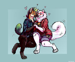  anthro bottomwear canid canine canis clothing cuddling danji-isthmus domestic_dog duo eyewear feminism_symbol feminist flannel fluffy glasses hand_holding heart_symbol hi_res hug hyena love mammal paws shorts smiles tail tail_motion tailwag 