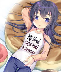  :o arm_behind_head arm_up bean_bag_chair bed_sheet black_hair blue_eyes blue_pants blush clothes_writing commentary cosplay english_text female hair_between_eyes hair_spread_out lilith_(machikado_mazoku) lilith_(machikado_mazoku)_(cosplay) long_hair long_sleeves looking_at_viewer lying machikado_mazoku niiya on_back pants parted_lips raglan_sleeves shirosaki_hana shirt solo watashi_ni_tenshi_ga_maiorita! white_shirt 