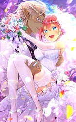  1boy :d bare_shoulders blue_eyes blush bouquet breasts carrying dark-skinned_male dark_skin dress elbow_gloves female formal garter_straps gloves happy high_heels holding holding_bouquet large_breasts mizuchaya_youkan necromancer_(sekaiju) necromancer_1_(sekaiju) pink_hair pointy_ears princess_carry pumps reaper_(sekaiju) reaper_4_(sekaiju) sekaiju_no_meikyuu sekaiju_no_meikyuu_5 smile straight suit thighhighs wedding wedding_dress white_dress white_footwear white_gloves white_suit white_thighhighs 