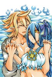  1boy azura_(fire_emblem) blue_eyes blue_hair blush closed_eyes commentary_request corrin_(fire_emblem) corrin_(male)_(fire_emblem) female fire_emblem fire_emblem_fates hair_ribbon highres holding_hands long_hair pointy_ears ribbon shiratsu_(white-seaside) smile swimsuit white_hair yellow_eyes 