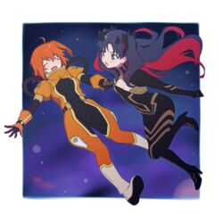  2girls 7dango7 ahoge black_eyes black_hair blush bodysuit boots bow breasts cleavage cleavage_cutout closed_eyes clothing_cutout commentary_request fate/grand_order fate_(series) floating fujimaru_ritsuka_(female) fujimaru_ritsuka_(female)_(captain_chaldea) full_body gloves hairbow high_heels holding_hands horns ishtar_(fate) looking_at_another medium_hair multicolored_hair multiple_girls official_alternate_costume open_mouth orange_gloves orange_hair outstretched_arm parted_bangs red_hair ribbed_bodysuit scrunchie side_ponytail skin_tight small_breasts smile space space_ishtar_(fate) space_ishtar_(first_ascension)_(fate) spacesuit sparkle taut_clothes twintails two-tone_hair white_footwear 