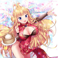  :d animal_ear_fluff animal_ears bamboo_steamer baozi blonde_hair blue_eyes blunt_bangs blush braid breasts chinese_clothes cleavage cleavage_cutout clothing_cutout commentary_request detached_sleeves double_bun doughnut_hair_bun dress female food fox_ears fox_tail hair_bun large_breasts long_hair looking_at_viewer miyano_ururu multiple_tails open_mouth original red_dress short_eyebrows side_slit smile solo tail twin_braids very_long_hair 