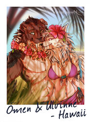  2022 5_fingers abs accessory anthro armband artofreina athletic athletic_anthro athletic_male beach bikini bikini_top black_body black_claws black_fur black_nose blep blue_eyes breasts canid canine canis character_name claws cleavage clothed clothing countershade_face countershade_torso countershading cream_hair digital_media_(artwork) domestic_dog duo english_text extinct eyebrows eyelashes fangs felid female female_anthro finger_claws fingers flower flower_garland flower_in_hair fluffy fluffy_tail fur green_eyes grey_eyes hair hair_accessory heterochromia hi_res hibiscus humanoid_hands hybrid inner_ear_fluff lei livestock_guardian_dog male male/female male_anthro mammal markings molosser mountain_dog multicolored_body multicolored_fur muscular muscular_anthro muscular_male navel omen_(blaidd) one_ear_up pantherine partially_clothed_anthro partially_clothed_female pastoral_dog pecs plant polaroid_photo prehistoric_species saber-toothed_tiger sabertooth_(anatomy) sarong seaside signature snow_leopard spots spotted_body spotted_fur standing swimwear tail teeth text tibetan_mountain_dog tongue tongue_out topless topless_anthro topless_male tuft two_tone_body two_tone_fur ulvinne url white_body white_countershading white_fur wolf 