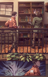  2boys belt black_hair blazer bomber_jacket book bookshelf bookstore boots brown_hair bulletin_board chest_of_drawers closed_eyes commentary disco_elysium english_text facial_hair from_behind glasses gloves hair_slicked_back harry_du_bois highres holding holding_book indoors jacket kim_kitsuragi leaning leaning_on_rail male_focus map moustache multiple_boys pants plant railing round_eyewear rug sanatorium_industries shirt shoes shop short_hair standing undercut 