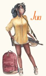  assault_rifle backpack bag black_hair bullpup character_name collared_shirt dark_skin female fn_f2000 grey_eyes gun highres holding holding_gun holding_weapon millipen_(medium) original rifle shirt shoes shorts smile sneakers solo tesun_(g_noh) traditional_media watercolor_pencil_(medium) weapon white_shorts yellow_background yellow_shirt 